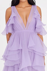 Chiffon Tiefe V-Ausschnitt Flieder Ballkleid mit Rüschen